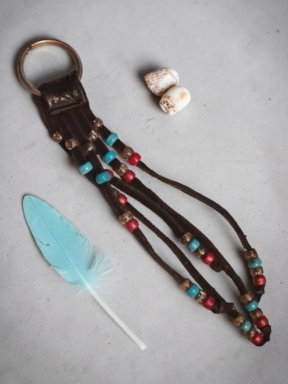 Vintage Boho Beaded Leather Fringe Keychain / Bag Charm (EUC)